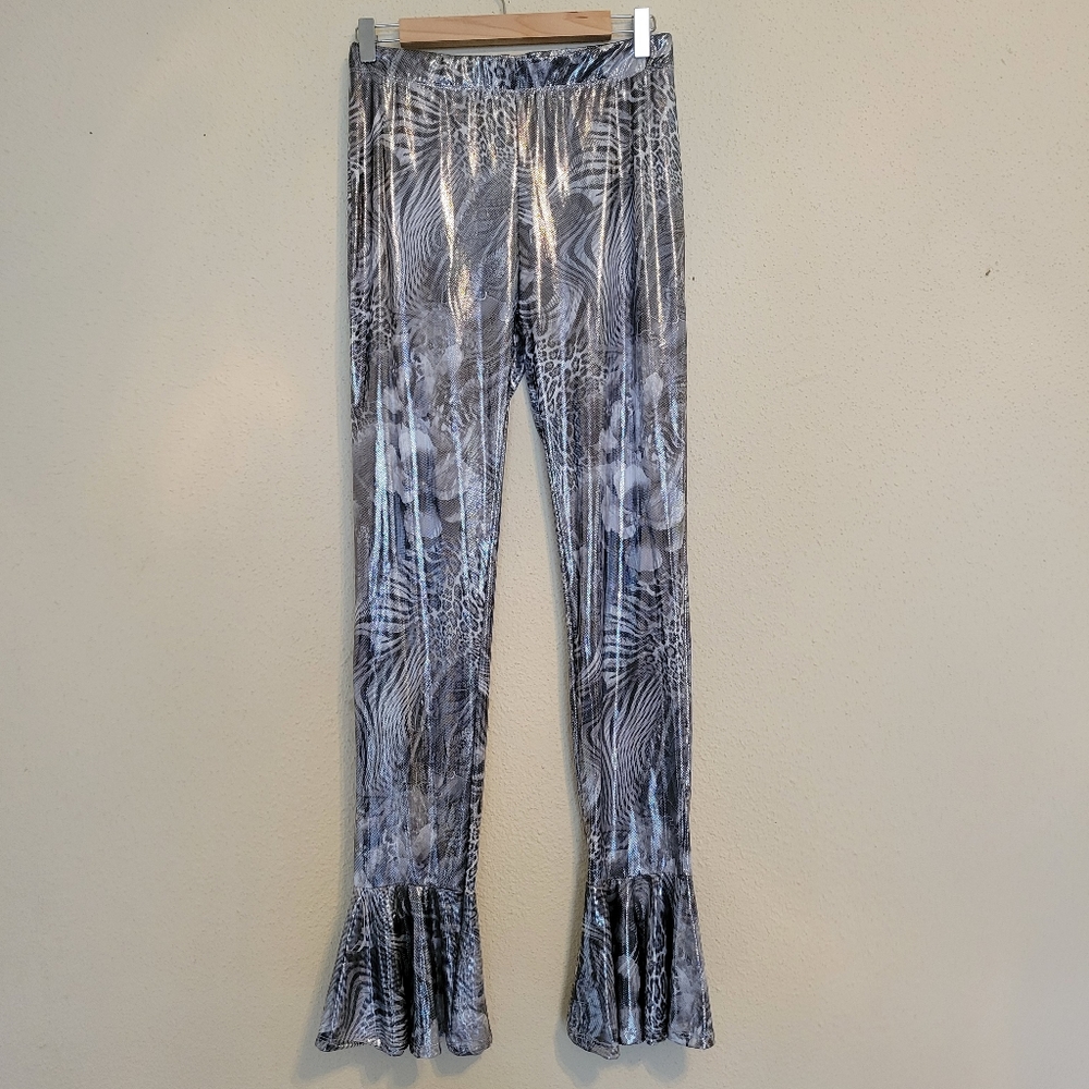 Votique metallic animal print bell bottom size large silver and black